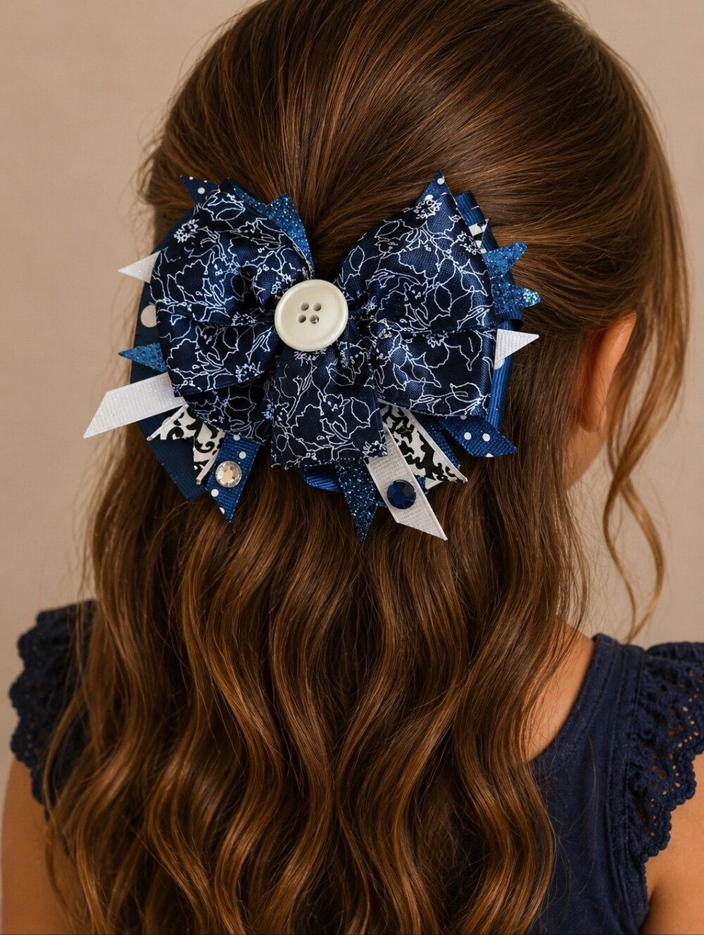 HANDMADE Blue Button Ribbon Coquette Hair Bow Clip
